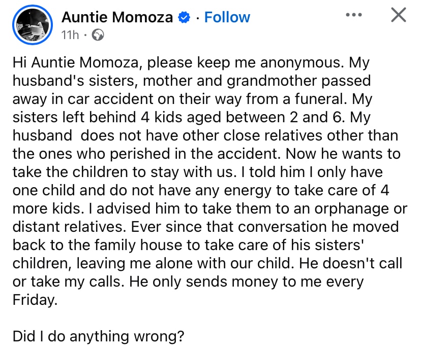 “Did I do anything wrong?” – Wife cries out after husband leaves home to care for late sisters’ children