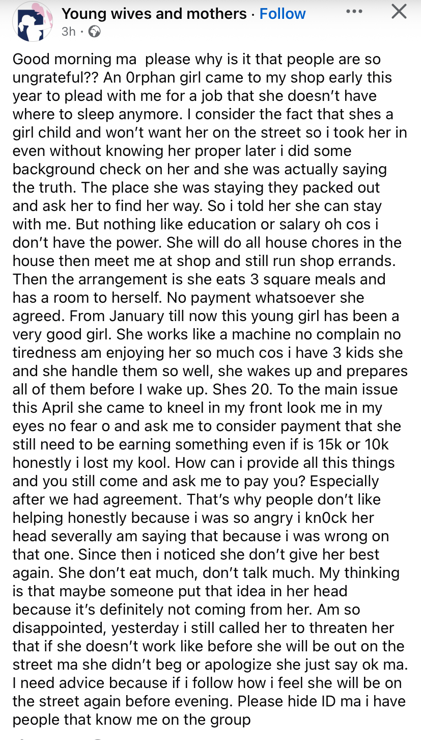 “₦10k after free food & shelter?” – Madam cries out, threatens to send orphan girl back to the street