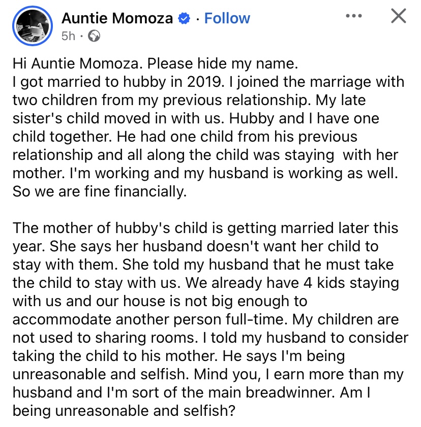 "Am I being selfish" - Wife cries out over husband’s request to take in another child