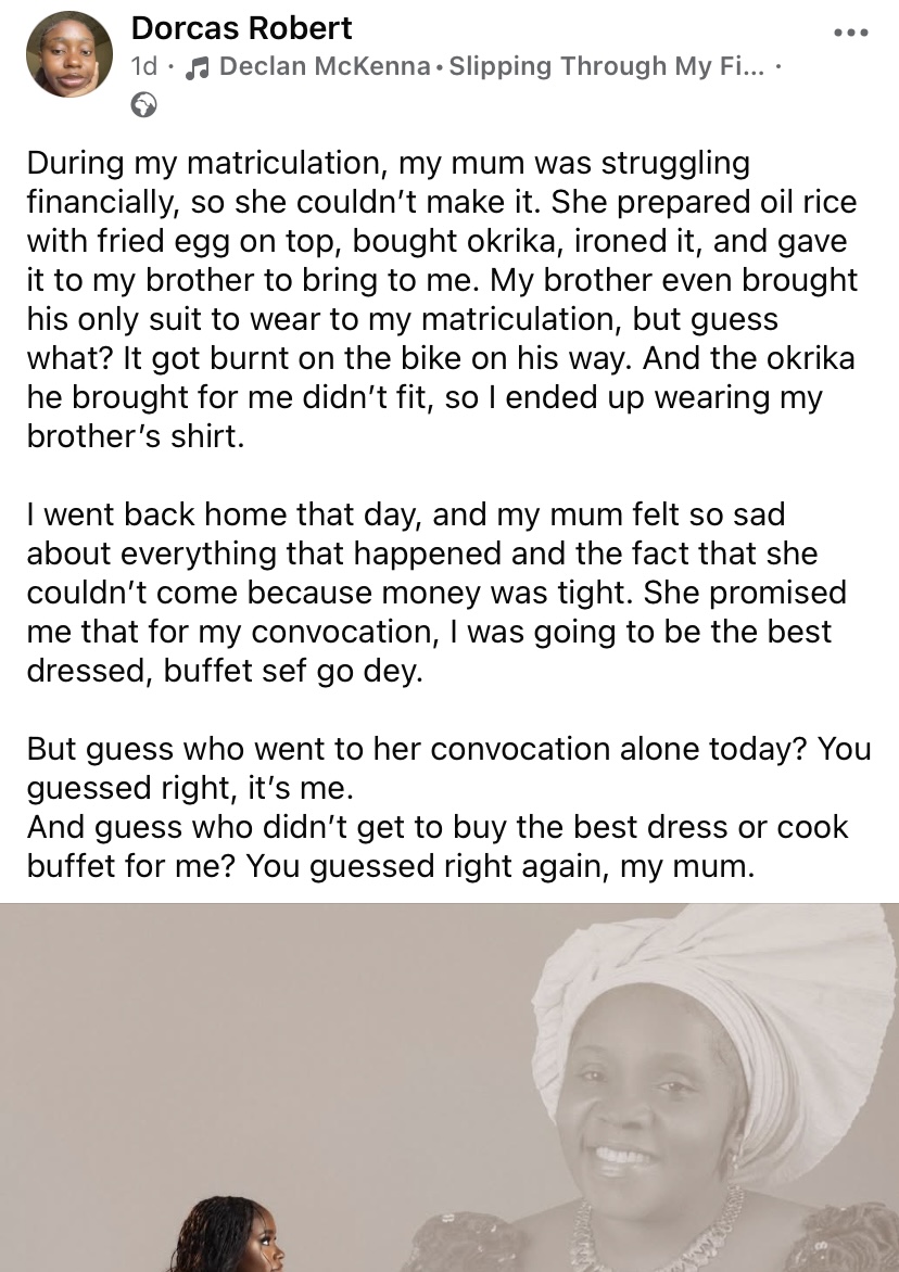 "During matric, money no let my mum come, guess who went to convocation alone?" - Lady cries out