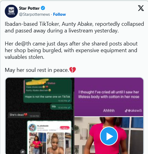 Ibadan Tiktoker, Aunty Abake, passes away during livestream