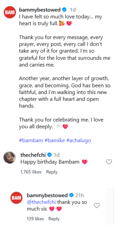 Bambam reacts as Davido’s wife, Chioma sends unexpected message to her on birthday