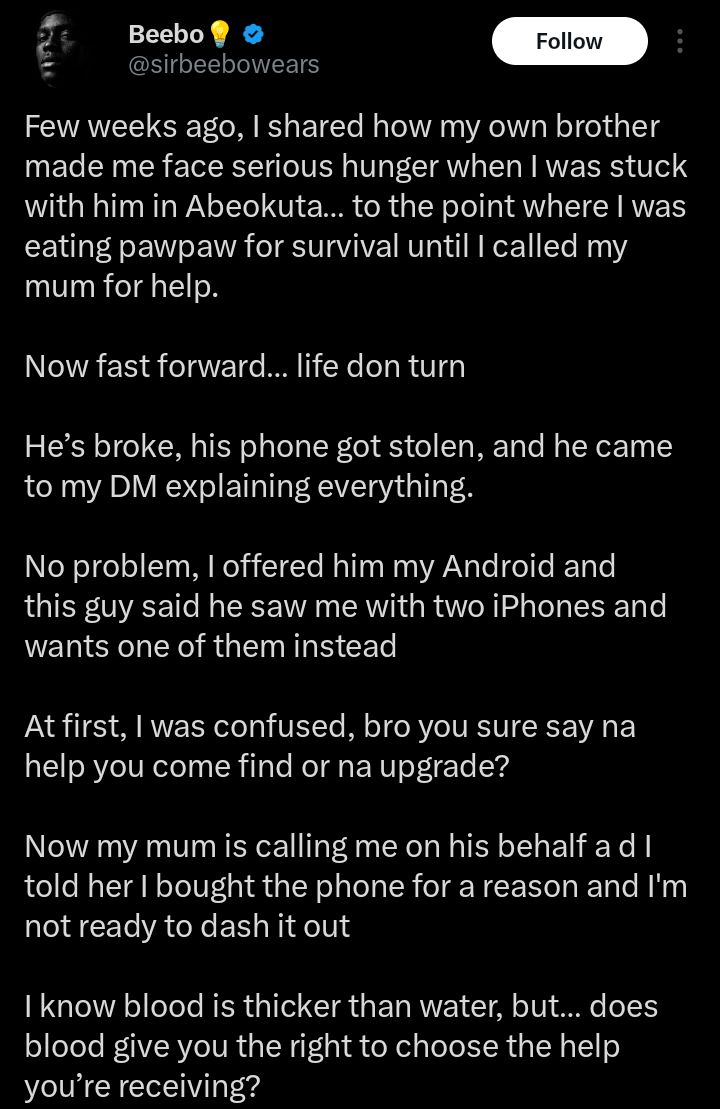 “Does blood give you the right to choose the help you’re receiving?” — Man reacts after refusing brother’s phone demand