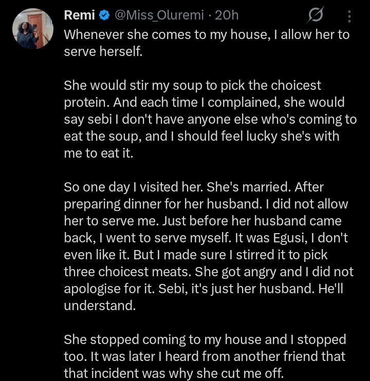 “I stirred her soup too — and that ended our friendship” — lady recounts fallout over food