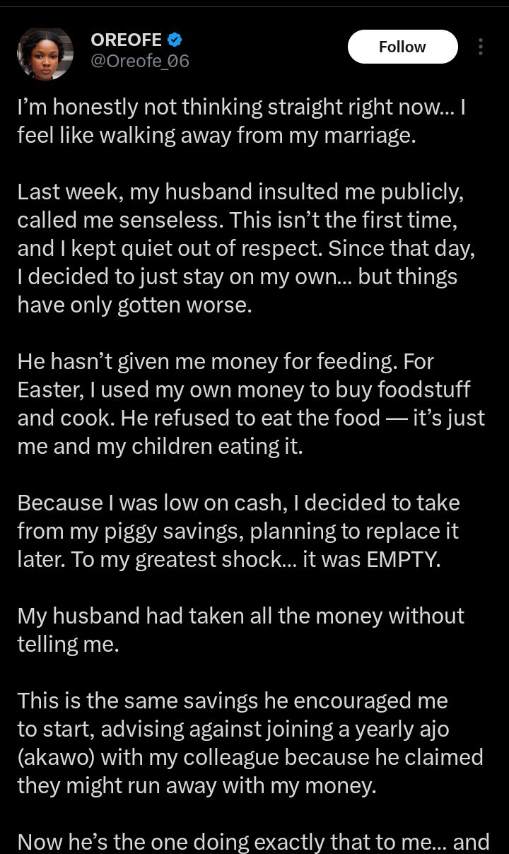 “I’m honestly not thinking straight… I feel like walking away from my marriage” — Lady says