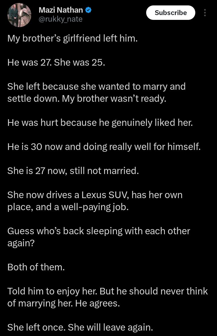 “She left once, she will leave again” — man warns brother as ex-lover returns