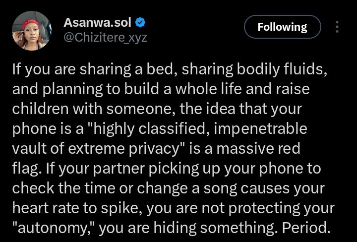 “If your partner touching your phone scares you, you’re hiding something” — woman sparks debate