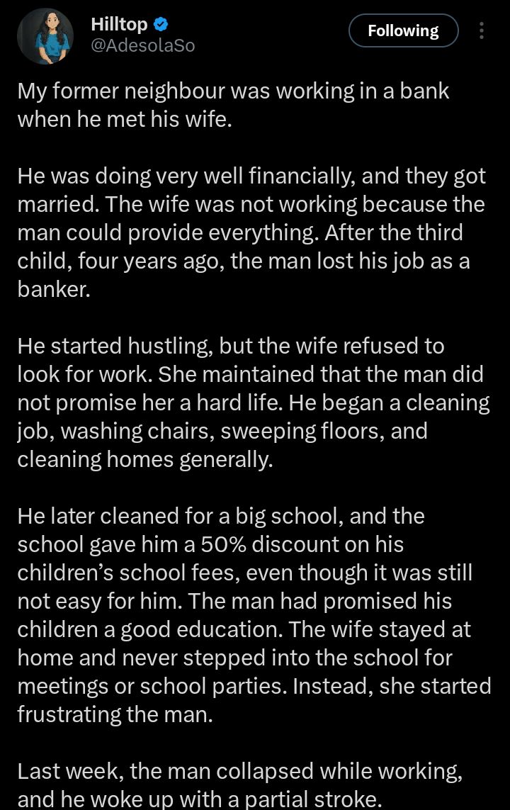 “Wives, kindly support your husbands” — woman recounts neighbour’s health crisis