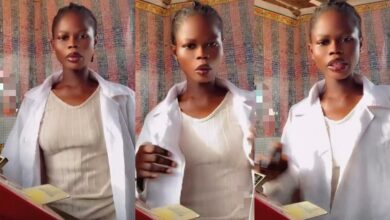 "All the no entry" - Lady laments unemployment, turns lab coat into 'Baba Ijebu' hustle