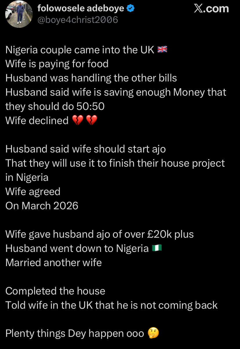 “I’m not coming back” - UK man dumps wife after collecting her £20k ajo money, marries another wife in Nigeria