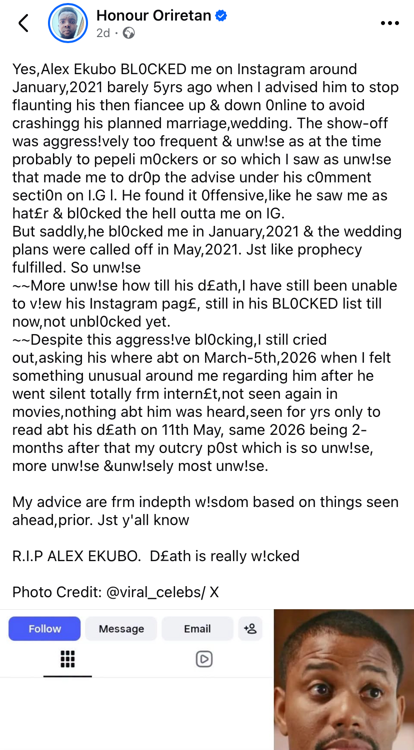 “I sensed death” - Man who was blocked by Alex Ekubo for advising him in 2021 speaks after actor’s death