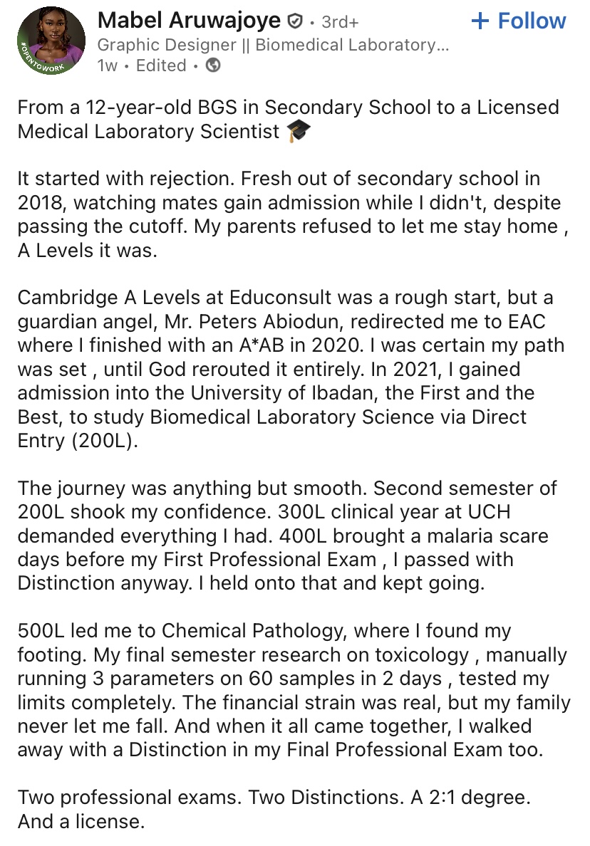 “It started with rejection” – Lady who finished secondary school at 12 bags degree from UI, shares struggles