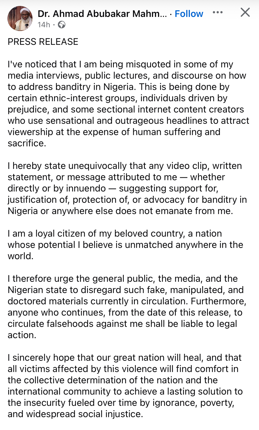 "Videos, statements of me supporting bandits were doctored" - Sheikh Gumi cries out