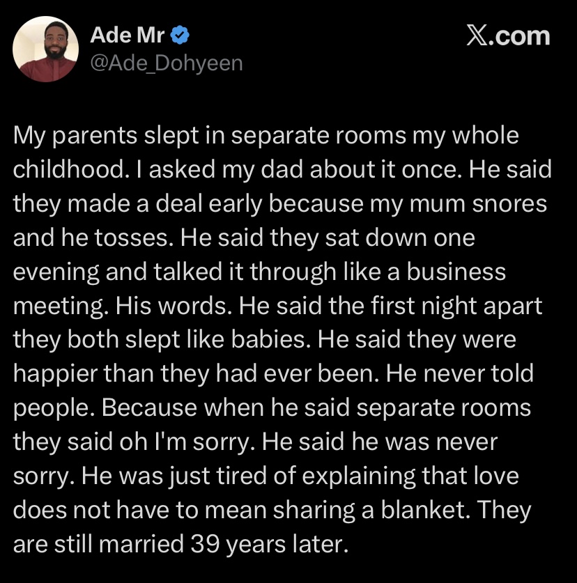 "My parents slept in separate rooms for 39 years" – Man shares unusual family story