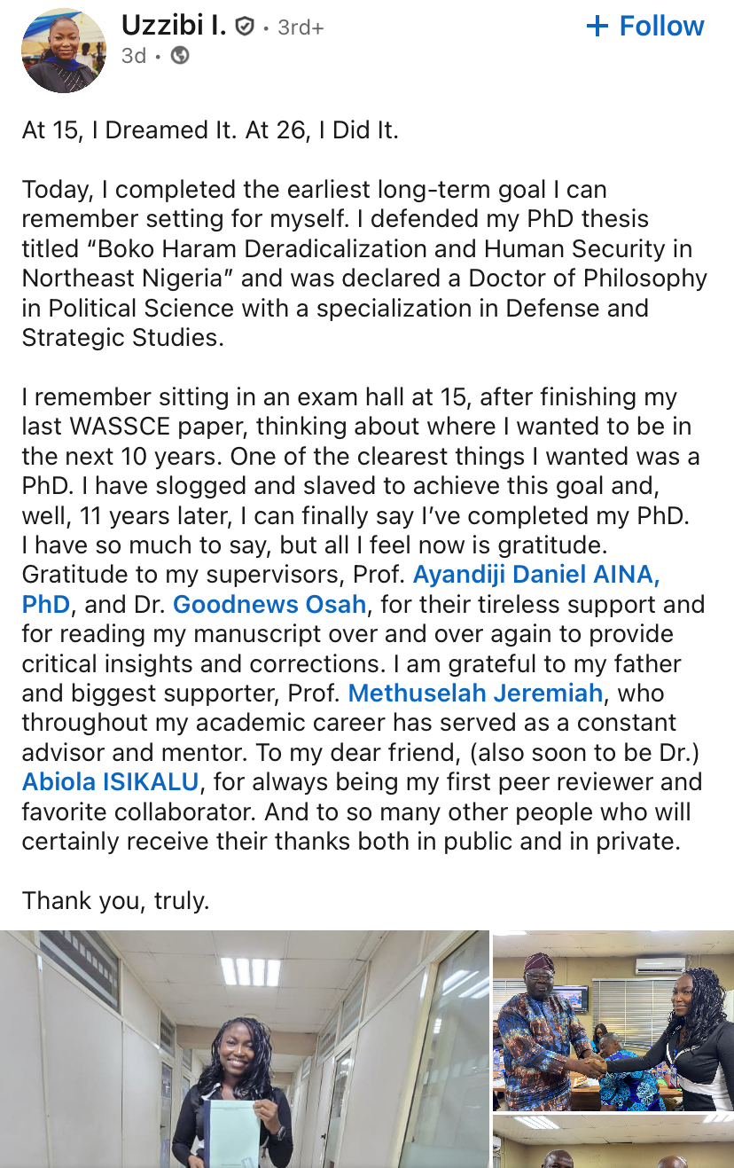 At 15, I dreamed it, at 26, I did It” - Young lady bags PhD from Babcock with Boko Haram thesis
