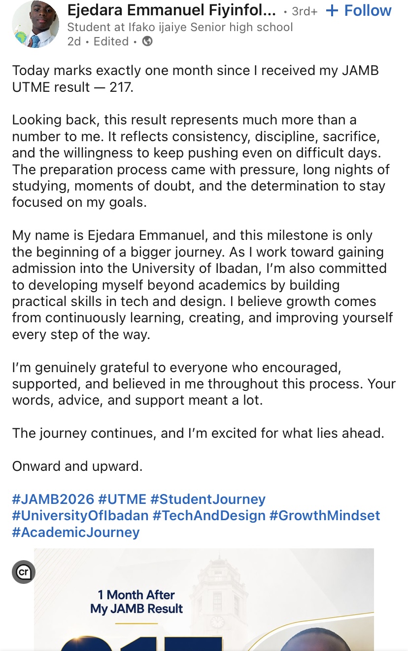 “I’m not giving up” – Boy who wants to study Economics at UI posts 2026 UTME result online