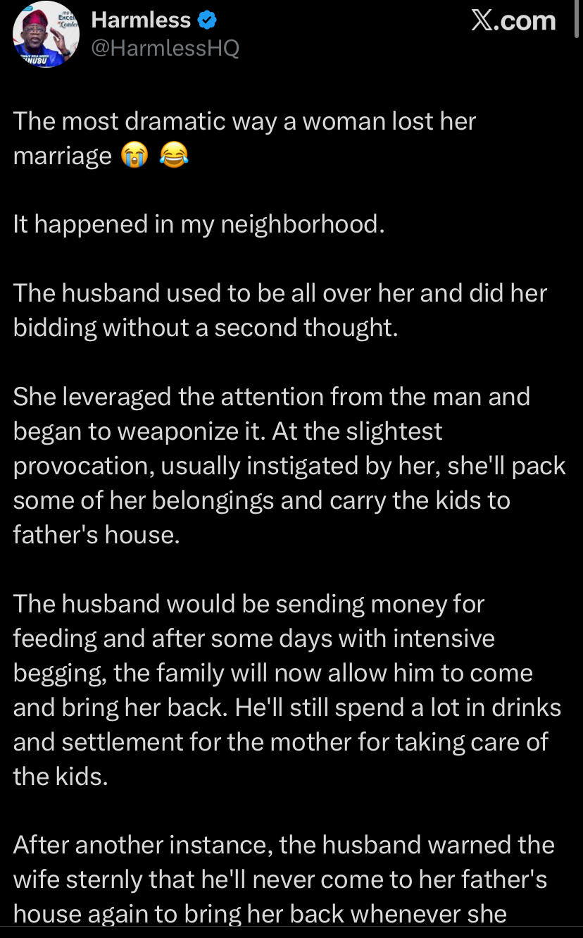 “He didn’t call, he didn’t beg” – Lady loses marriage after repeatedly returning to father’s house after every fight