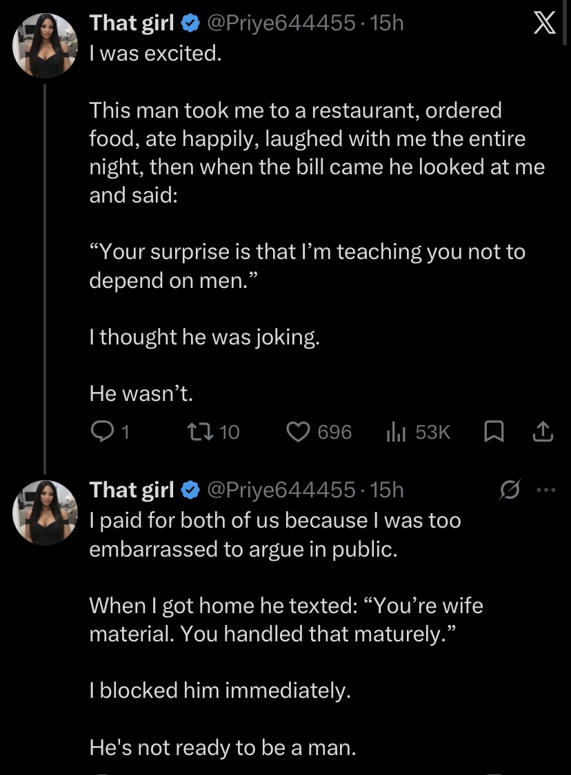 “I was too embarrassed..." - Lady dumps man after he made her pay her birthday bill