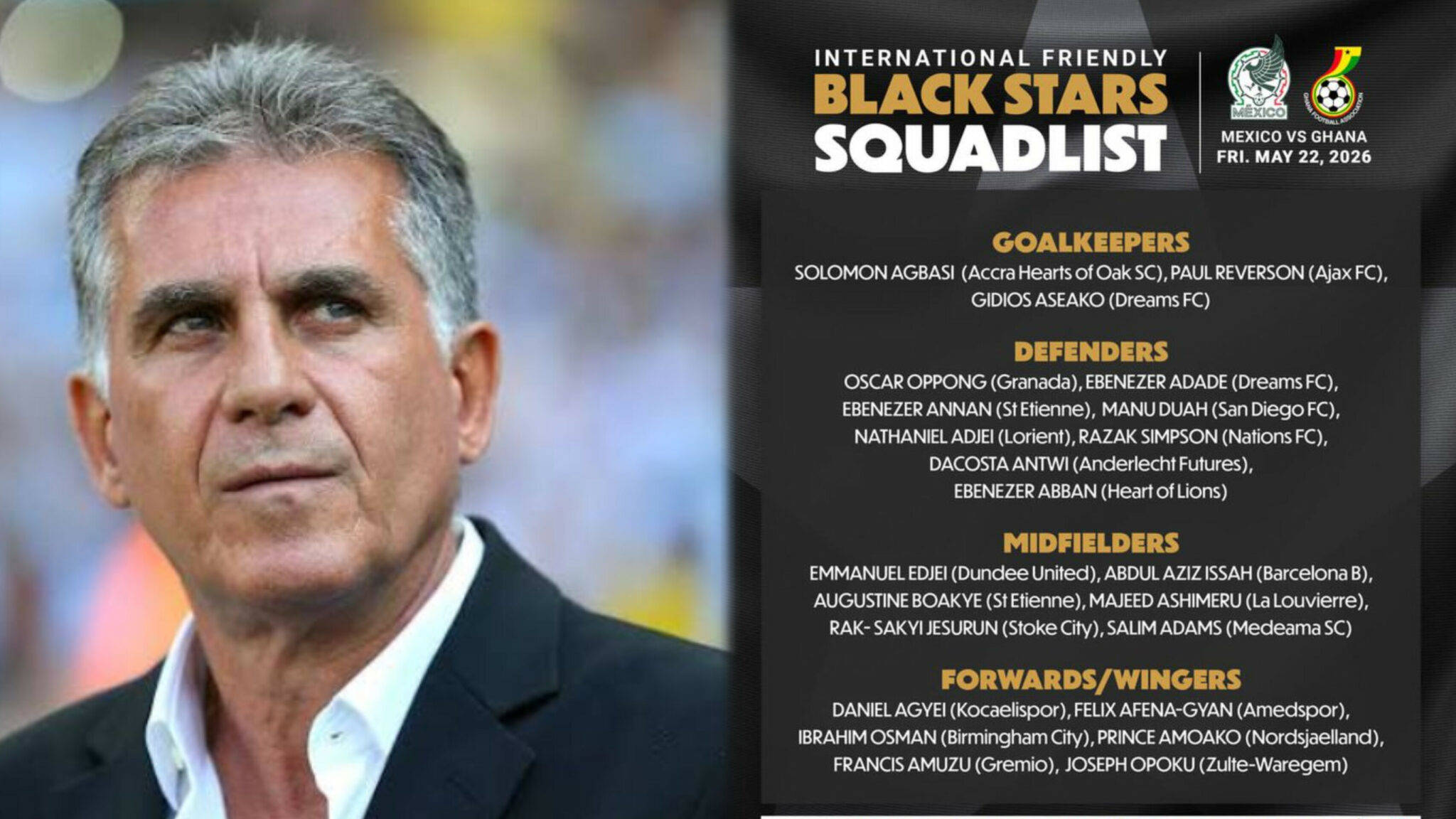 New Ghana coach Queiroz unveils experimental squad for Mexico friendly ahead of World Cup