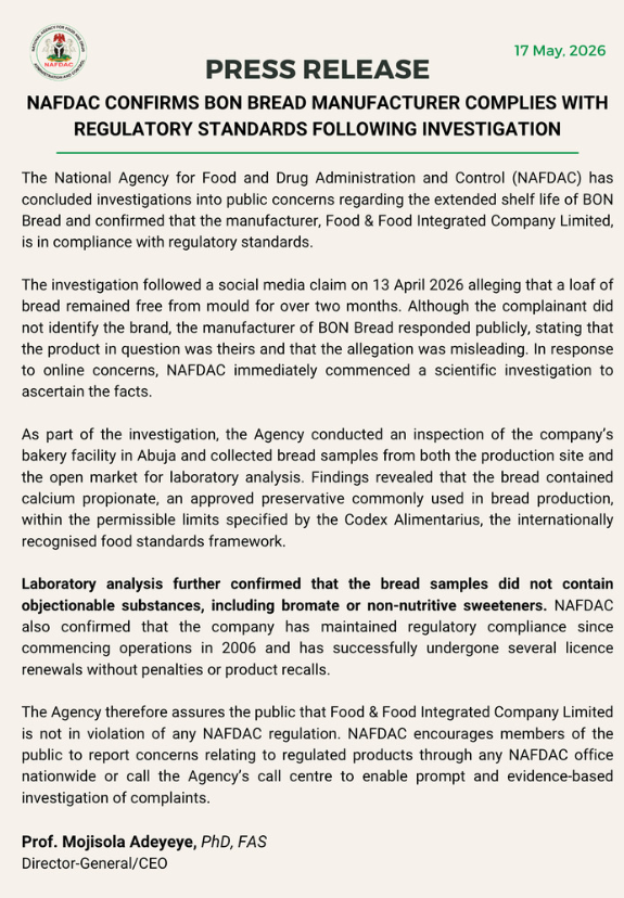 “Eat BON bread, it is safe; preservatives used within our approved limits” - NAFDAC