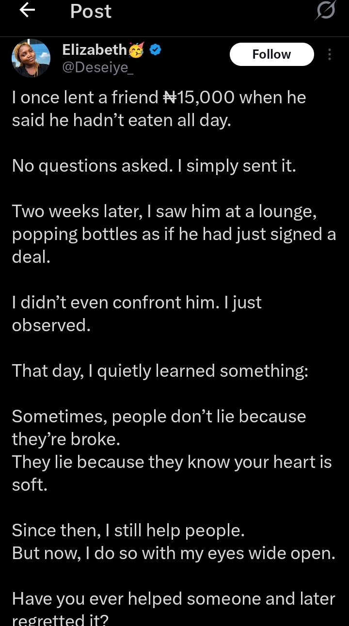 “That day I…”- Lady in regret after borrowing her friend money, amount goes viral  ‎