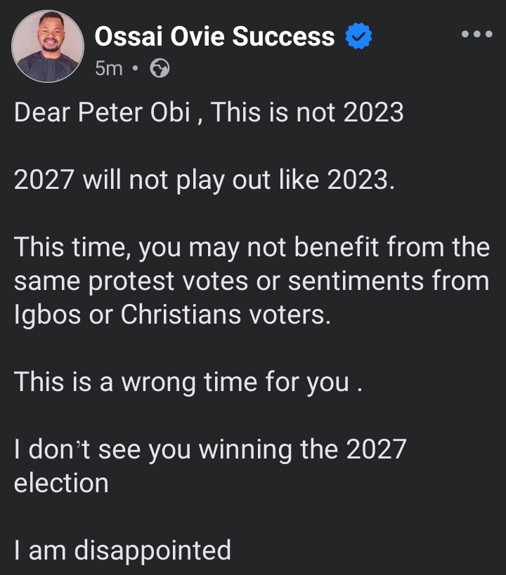 2027: “I don’t see you winning” — Delta Governor’s aid tells Peter Obi