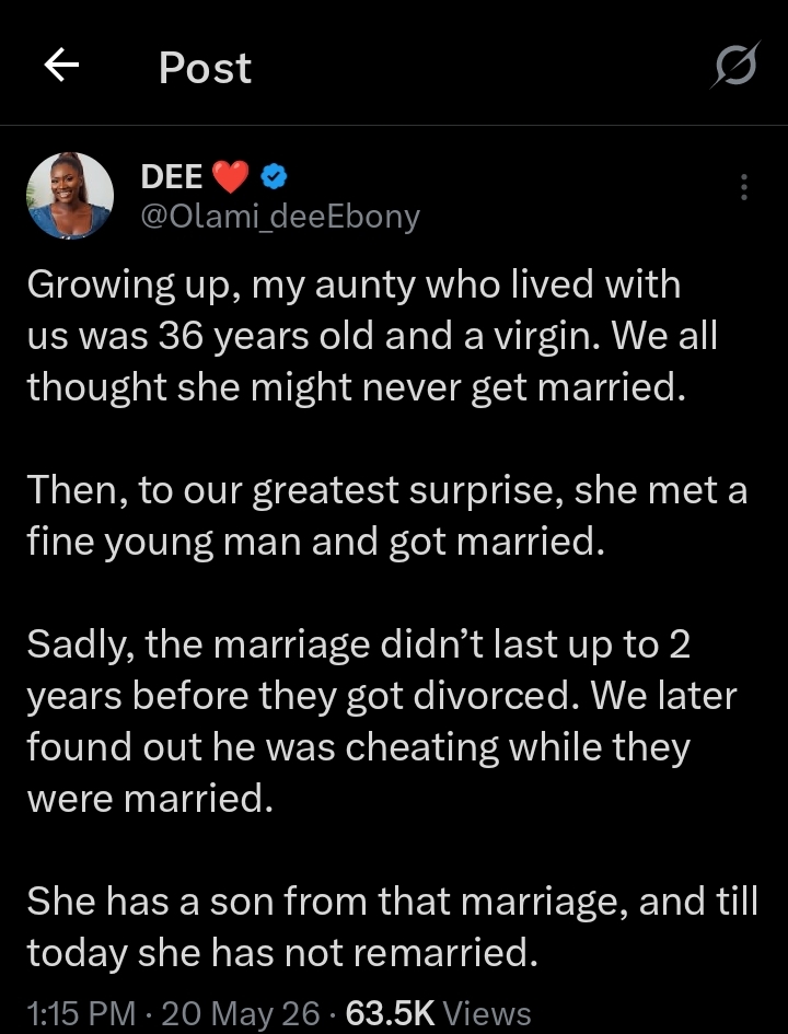 “We found out”- Lady shares why 36-year-old aunty divorced husband after two years