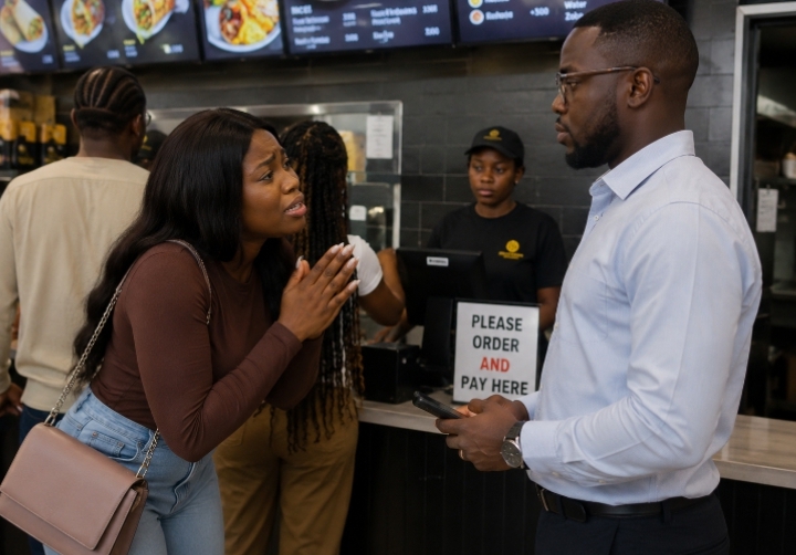 “Abeg, check if your bank is working” — Drama as a lady seeks help after buying food in Lagos