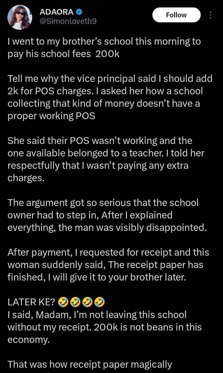 “Receipt paper magically appeared” — Lady recounts clash with school over ₦2k pos charge