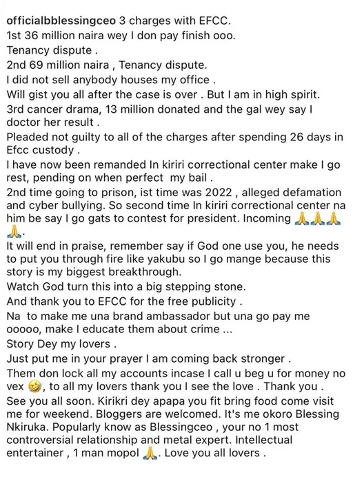 “I’ve been remanded in Kirikiri Correctional Centre” — Bless