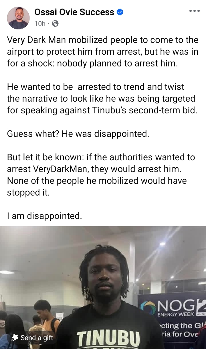 Ossai Ovie Success criticises Verydarkman over airport mobil