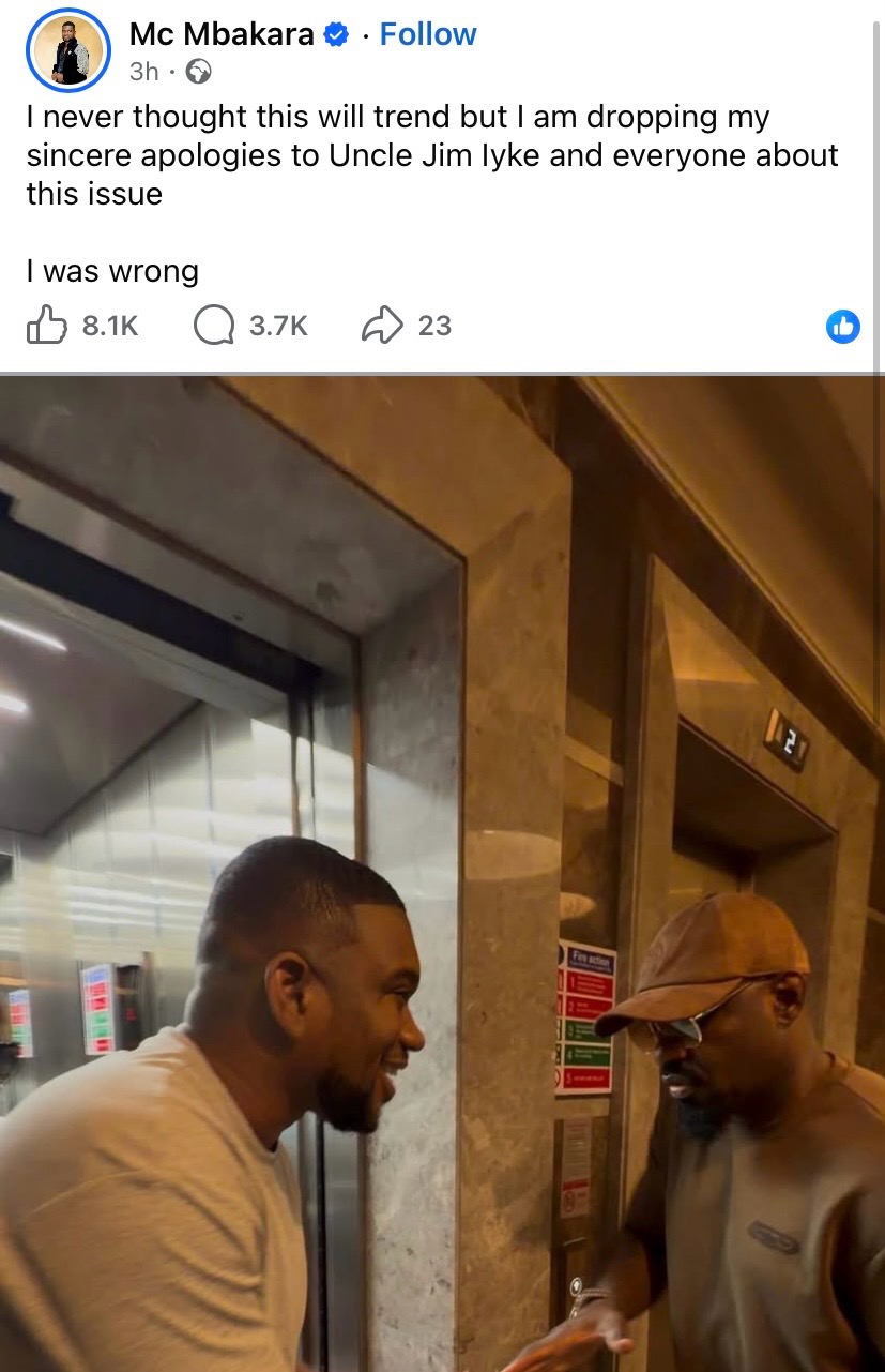 "I was wrong" - MC Mbakara tenders apology to Jim Iyke over viral elevator video