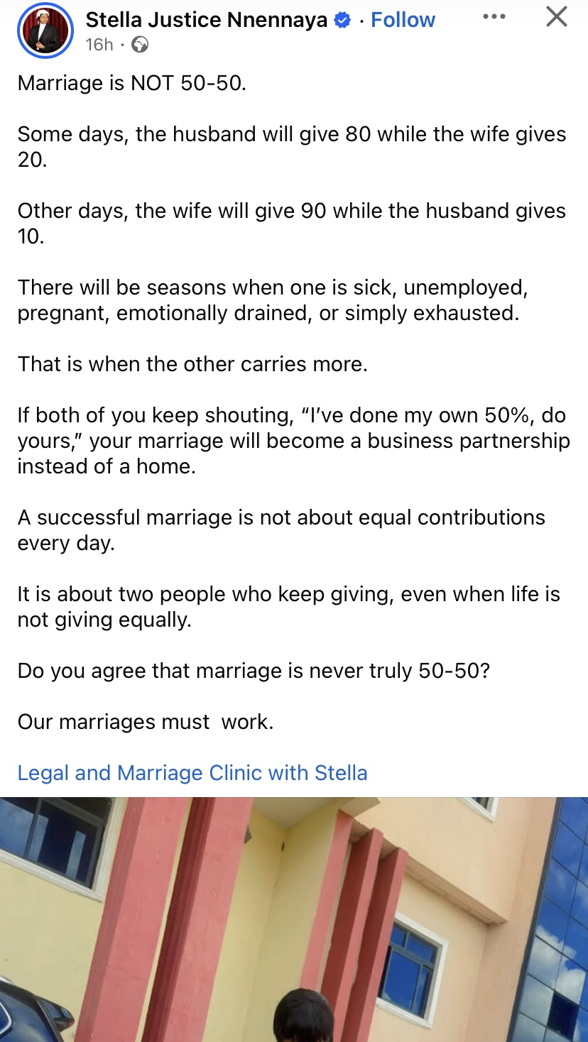 "Successful marriages are never 50/50" - Lawyer explains