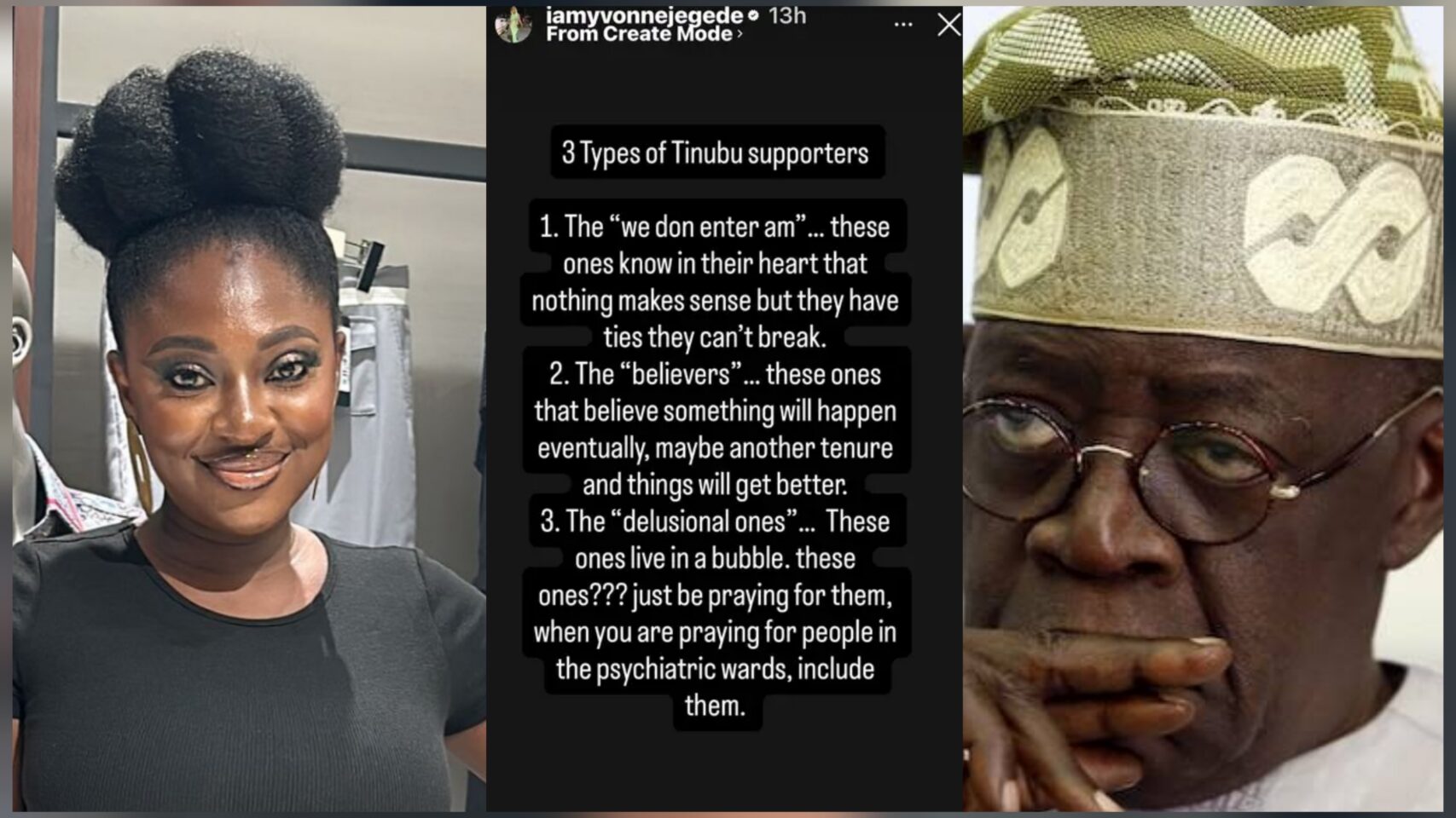 “When praying for people in psychiatric wards, include them” — Actress Yvonne Jegede lists 3 types of Tinubu supporters