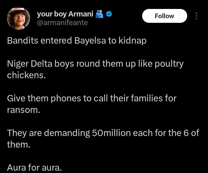 “Aura for aura” — Man shares how Bayelsa youths dealt with bandits