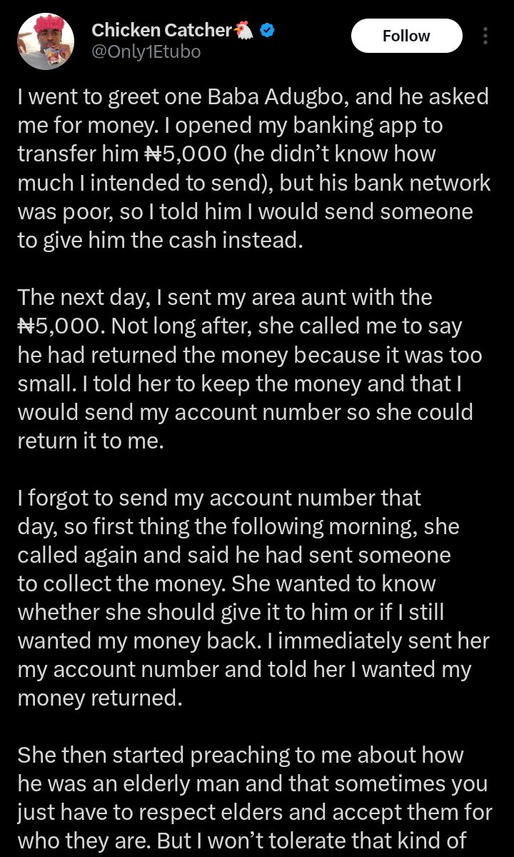 Drama as man collects back ₦5,000 after elder says
