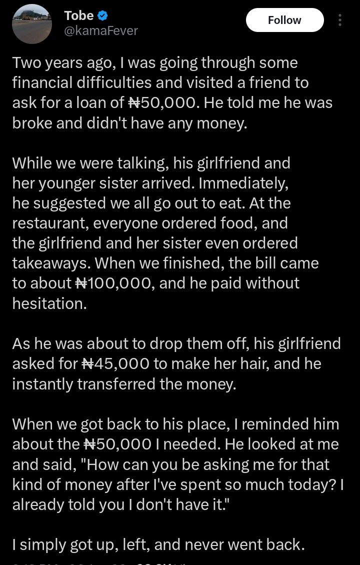 Man ends friendship after friend spends ₦145,000 o