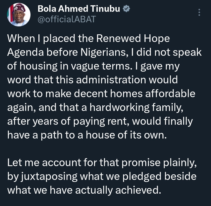 Tinubu recounts achievements under Renewed Hope Housing Agen