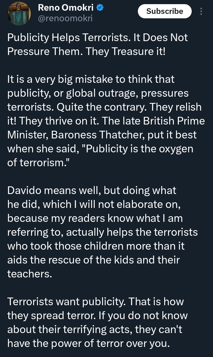 Reno Omokri criticises Davido for advocating for release of 