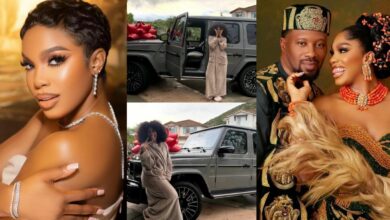 Sharon Ooja hails husband as he surprises her with G-Wagon as push gift
