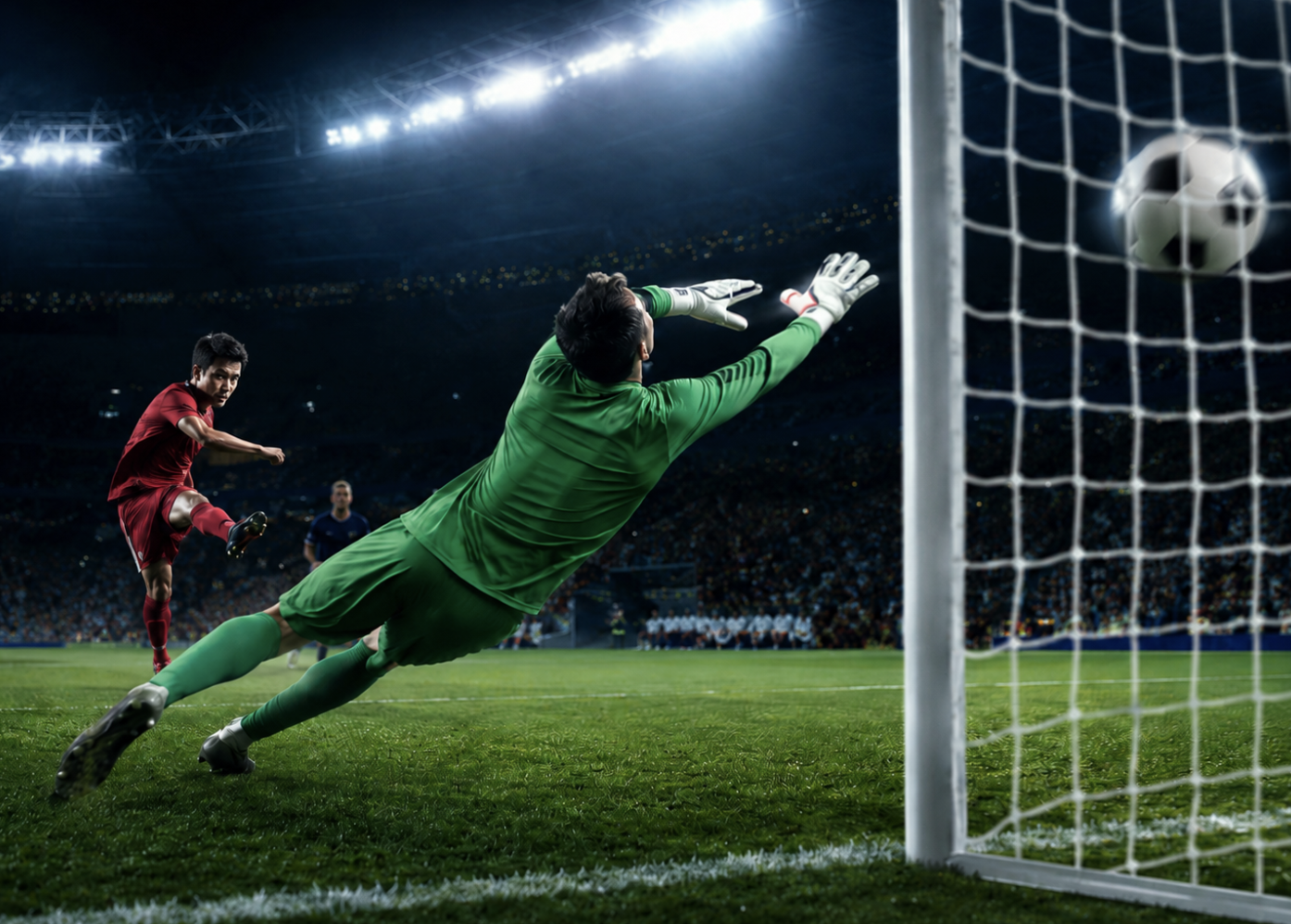 Football player strikes the ball toward goal as the goalkeeper narrowly misses the save.