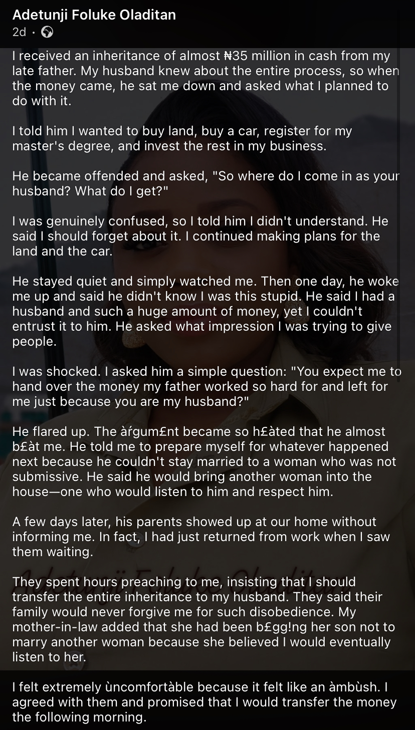 “We're now in court” - Lady reveals how ₦35m inheritance from late father destroyed her marriage