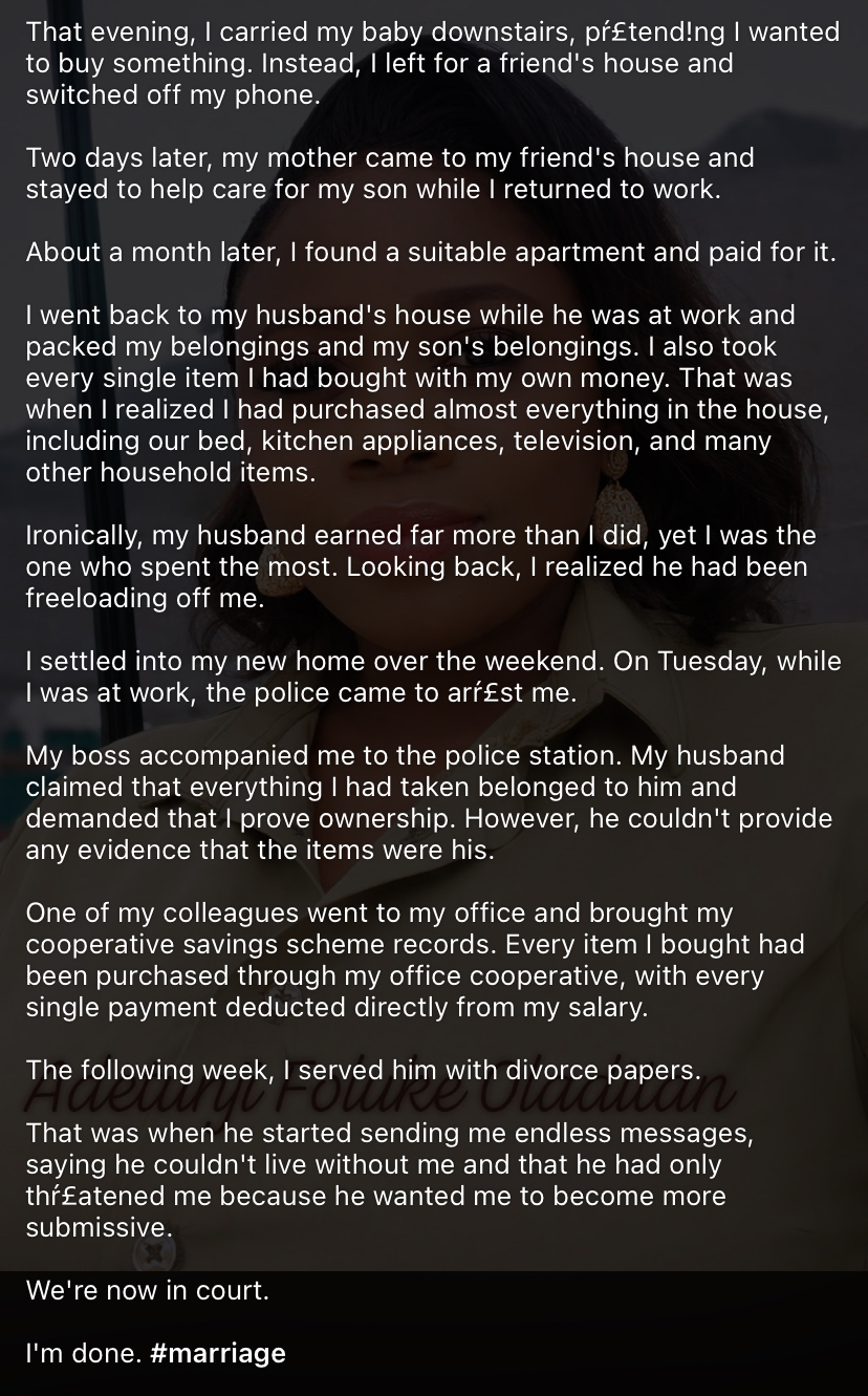 “We're now in court” - Lady reveals how ₦35m inheritance from late father destroyed her marriage
