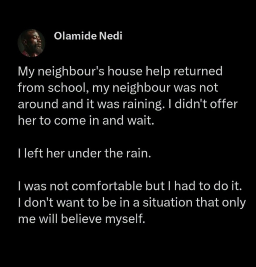 “I left her under the rain” - Man explains why he refused to shelter neighbour's house help