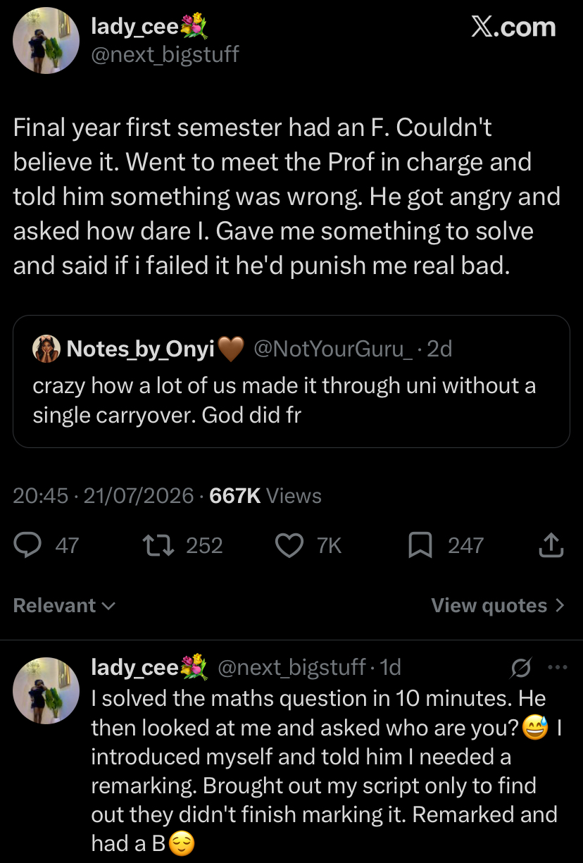 Lady who scored F in professor's course shares how she got a B after requesting script remarking