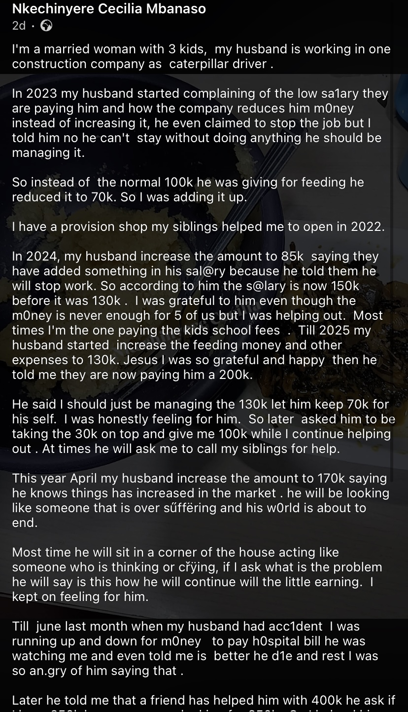 “I'm a married woman with 3 kids” - Wife cries out after allegedly discovering husband earns ₦430k, not ₦200k