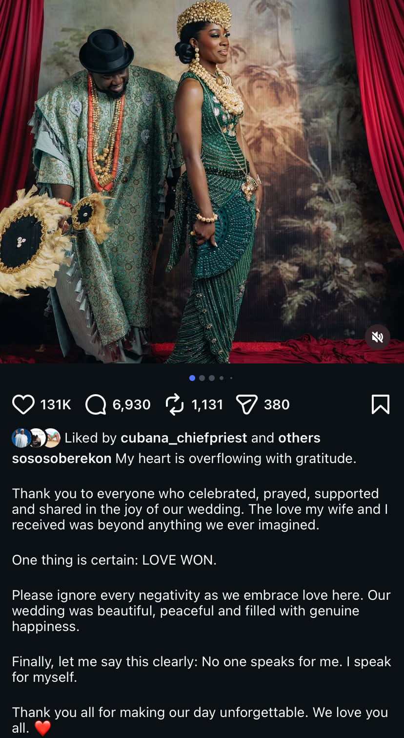 Soso Soberekon breaks silence after Davido snubbed his wedding