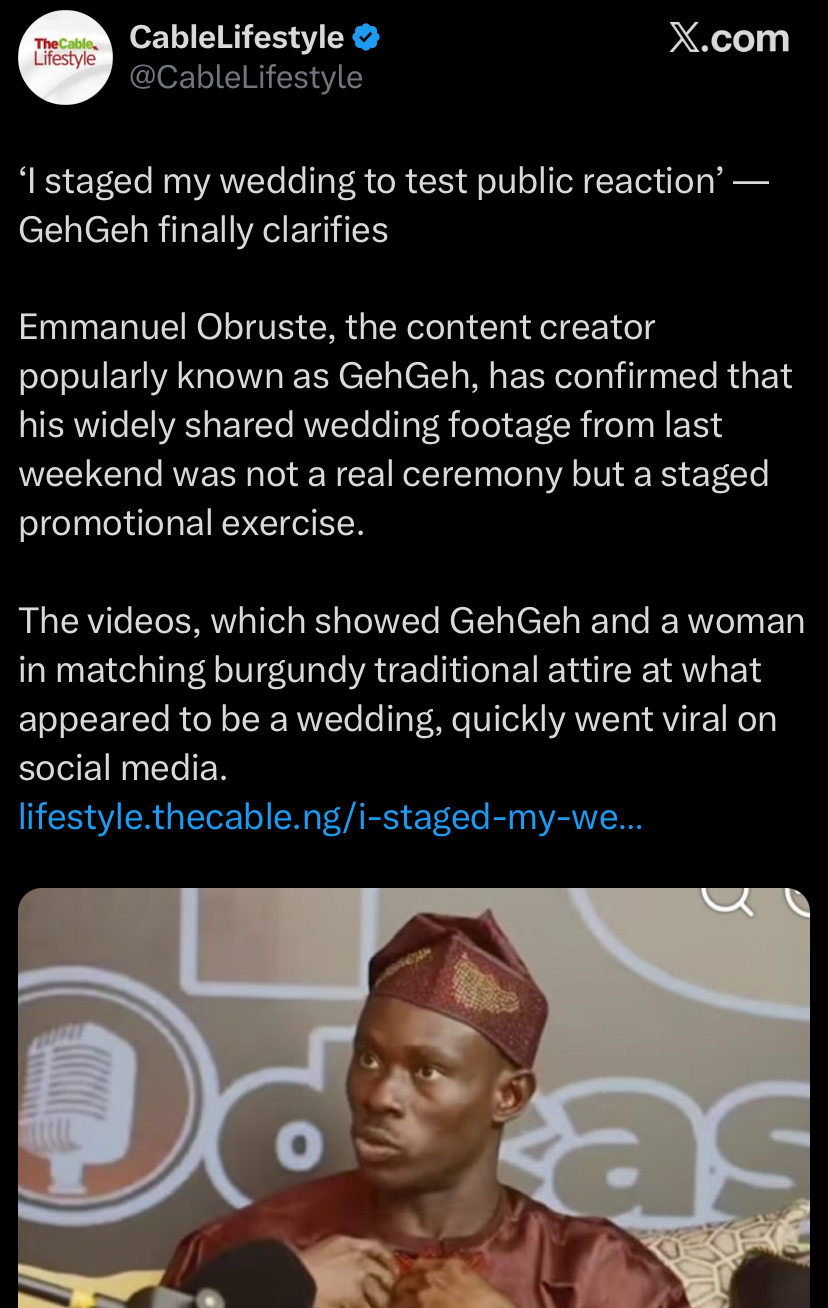 “It was staged” - GehGeh breaks silence says viral wedding was a 'publicity stunt'