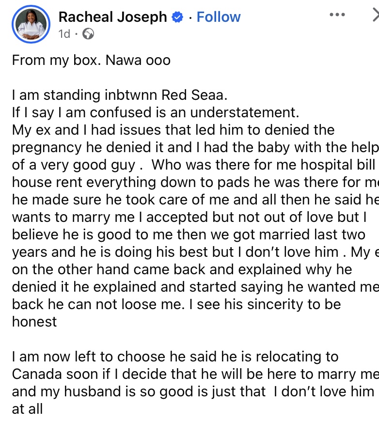 “My husband is so good, but I don’t love him” - Married lady cries out ex returns seeking second chance