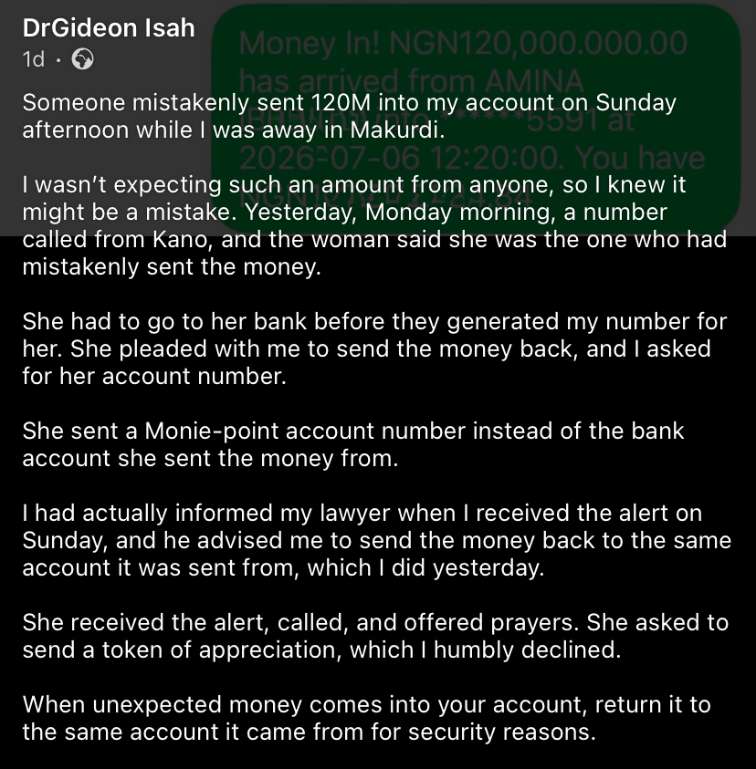 Pastor reveals what he did after N120 million was mistakenly sent to his account